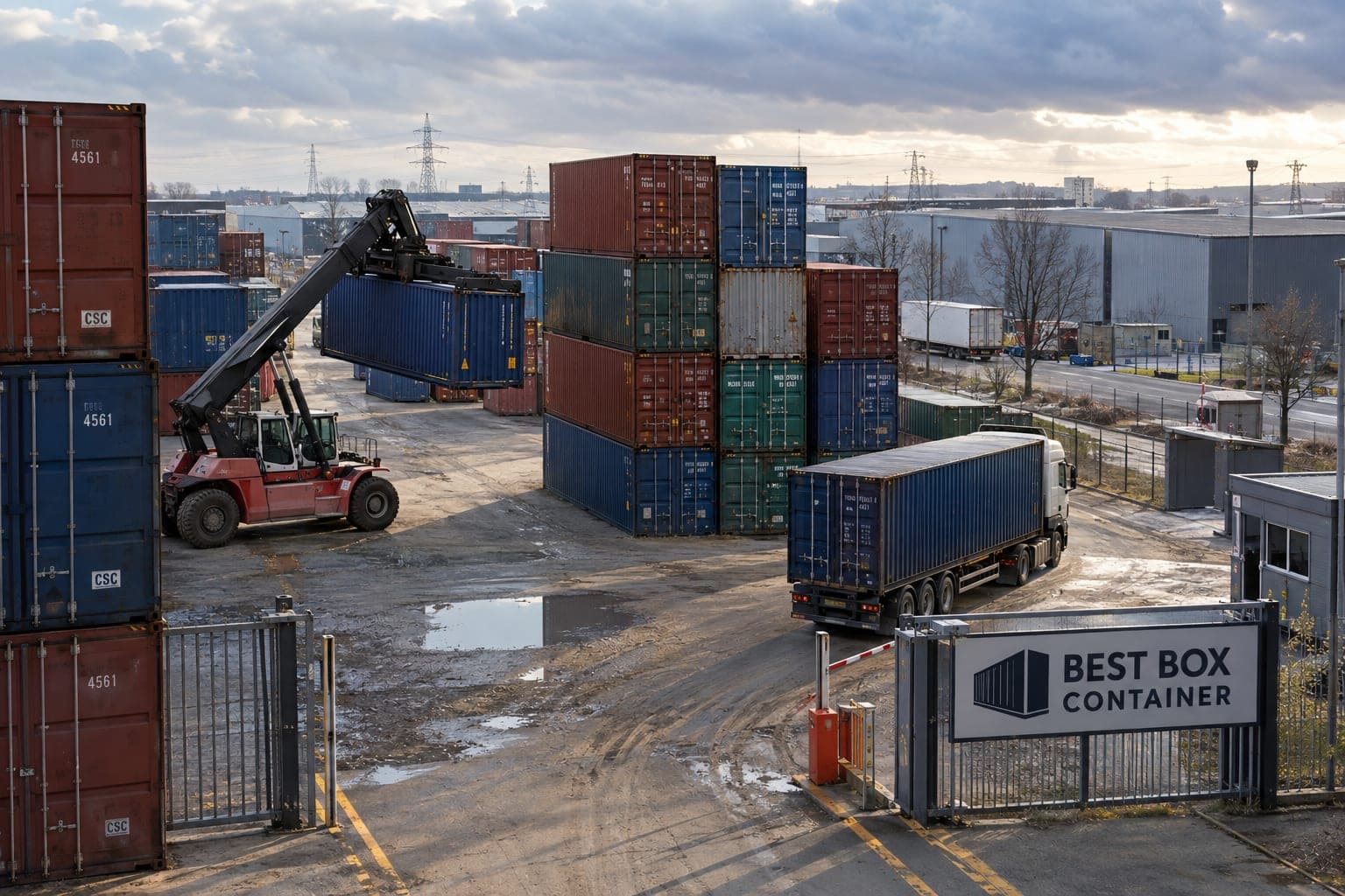 Containerplatz mit Reachstacker und Speditionsfahrzeug am Tor von BBC Best Box Containerhandel e.K.